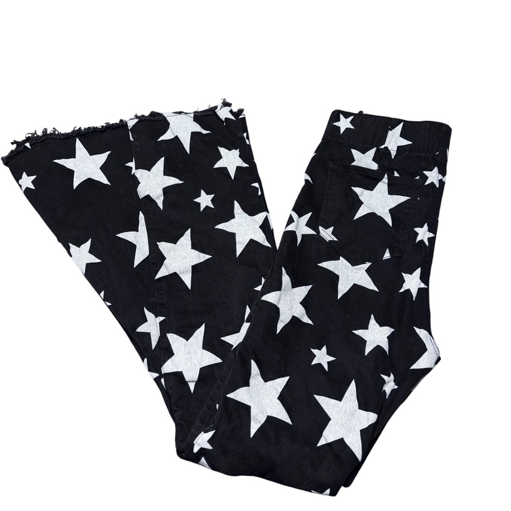L&B Women Size M Black White Star Print Flare Bell Bottom Pants Boho Y2K